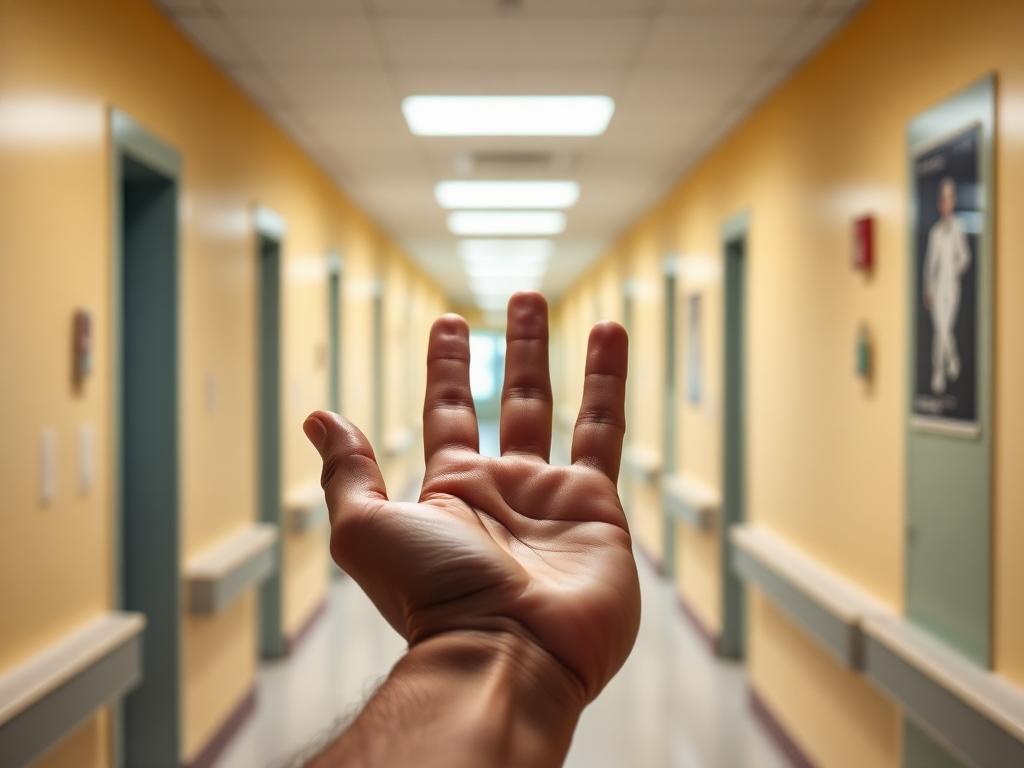Corredor hospitalar iluminado com uma mão estendida em gesto de acolhimento